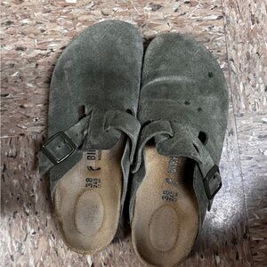 Birkenstock Suede Mules in Olive Green